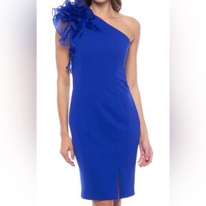 MARINA Blue One Shoulder Sheath Dress